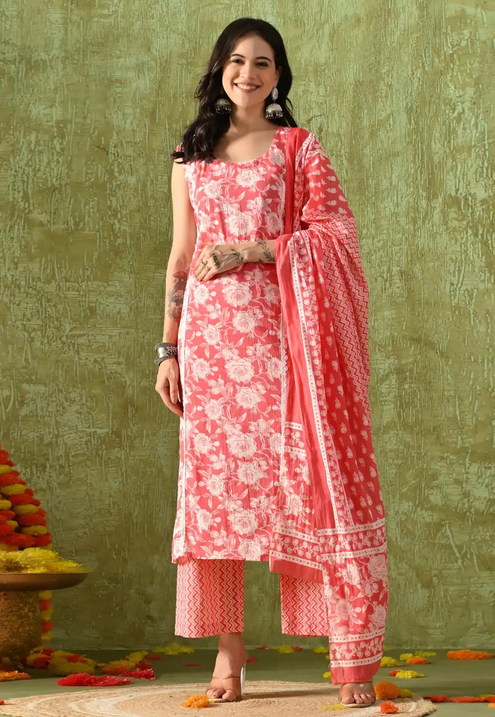 Peach Cotton Readymade Palazzo Suit 321796