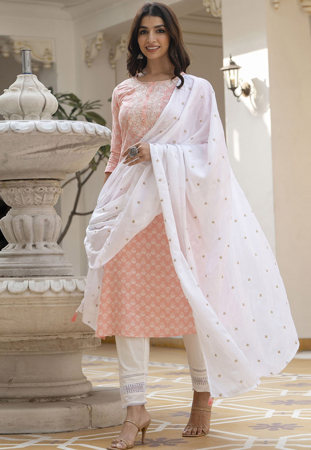 Peach Cotton Readymade Pant Style Suit 283057