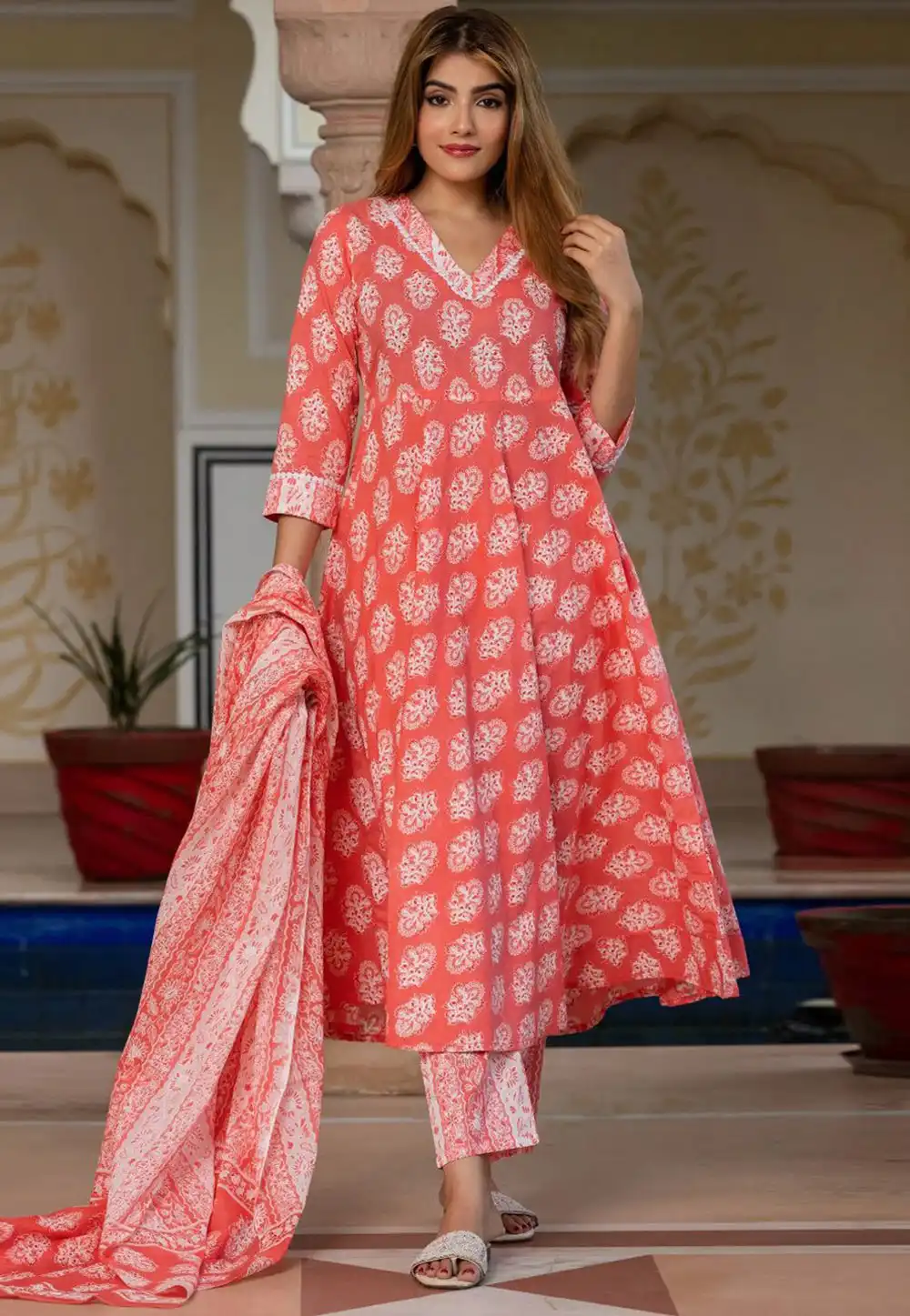 Peach Cotton Readymade Pant Style Suit 315971