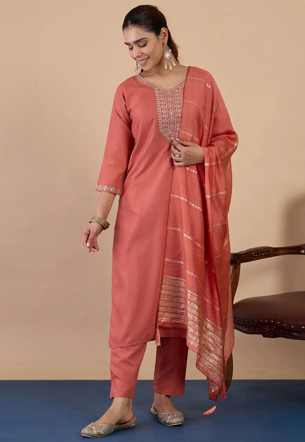 Peach Cotton Readymade Pant Style Suit 328306