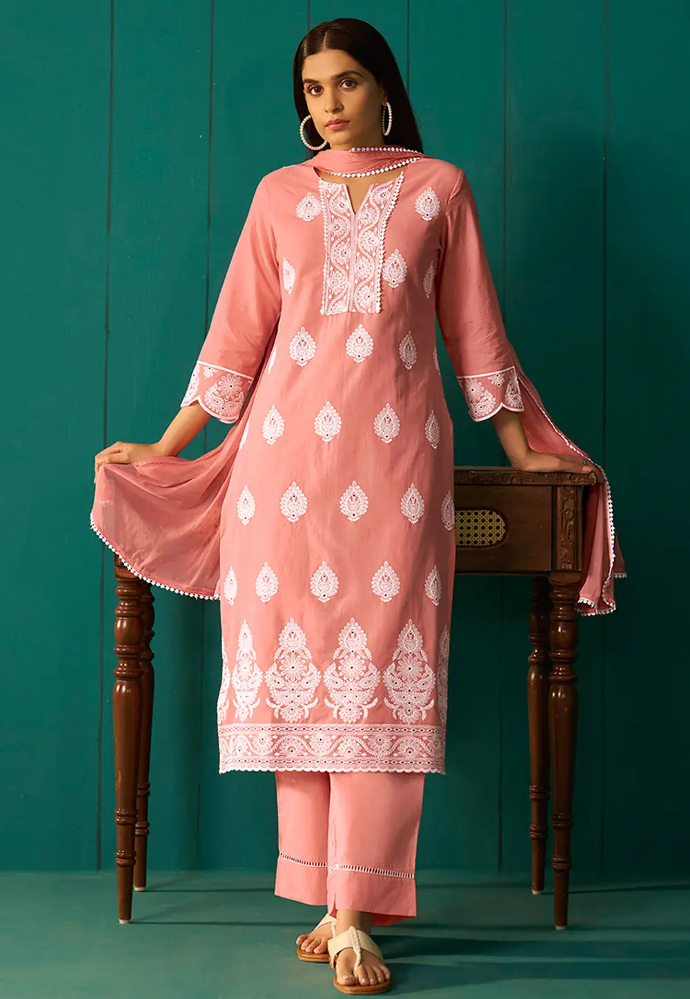 Peach Cotton Readymade Pant Style Suit 334193