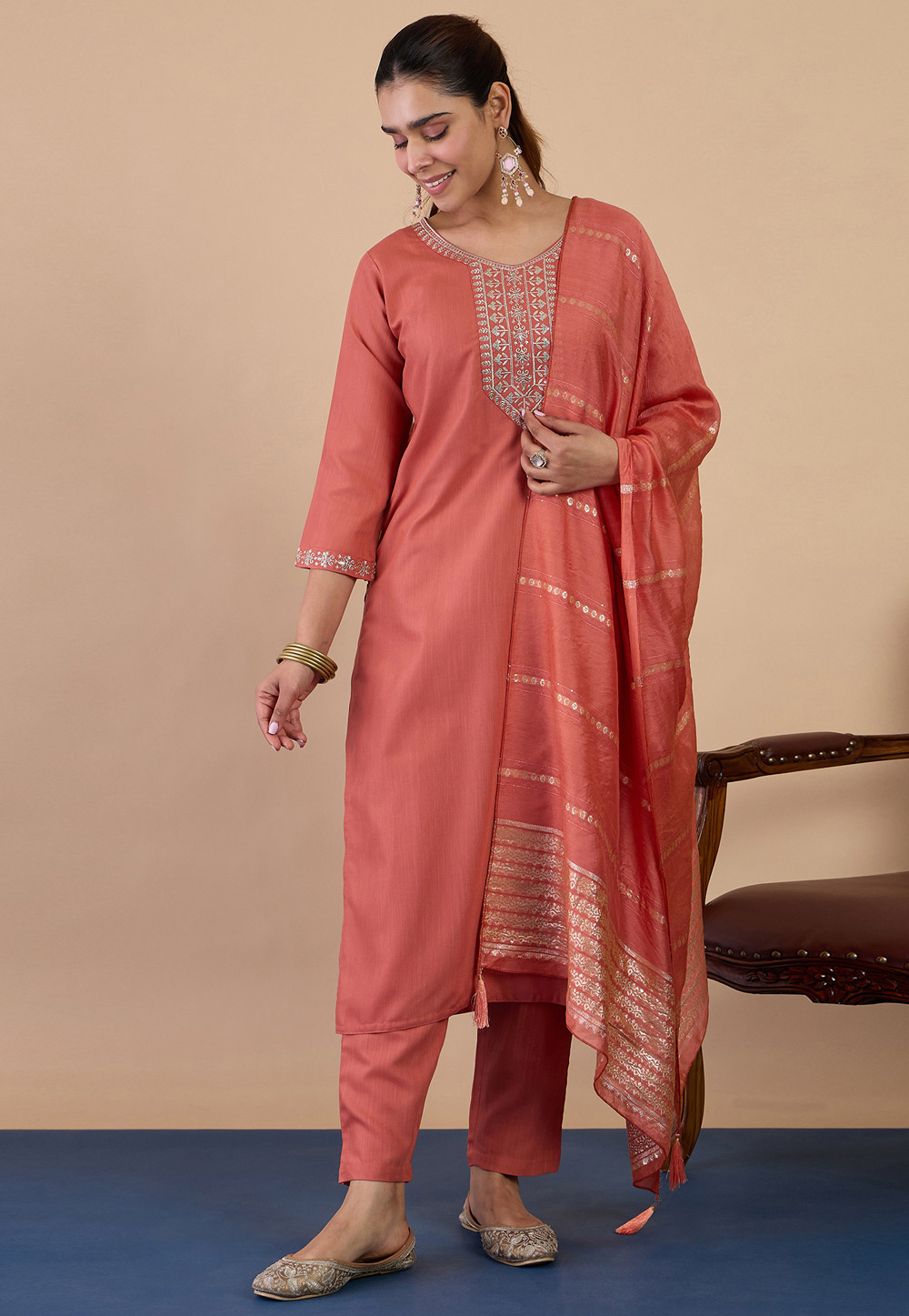 Peach Cotton Readymade Pant Style Suit 328775