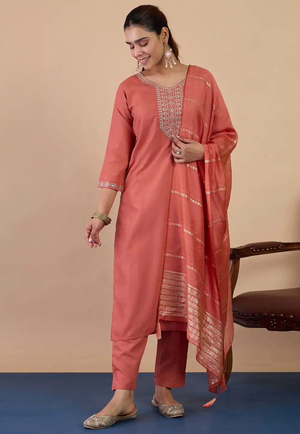 Peach Cotton Readymade Pant Style Suit 328775