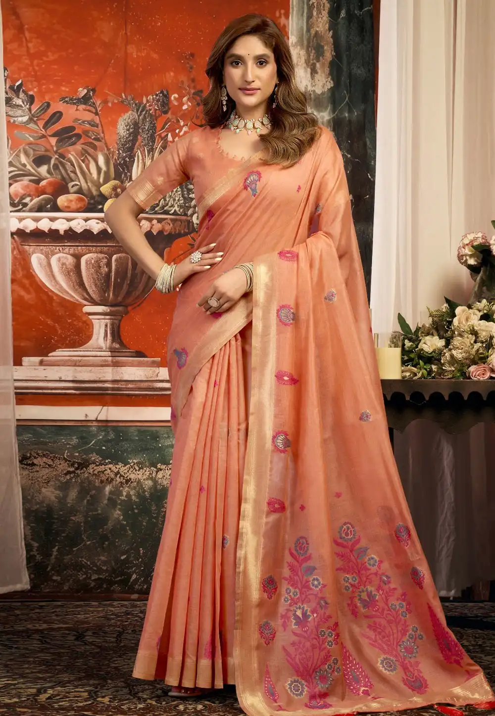 Peach Cotton Saree With Blouse 327877