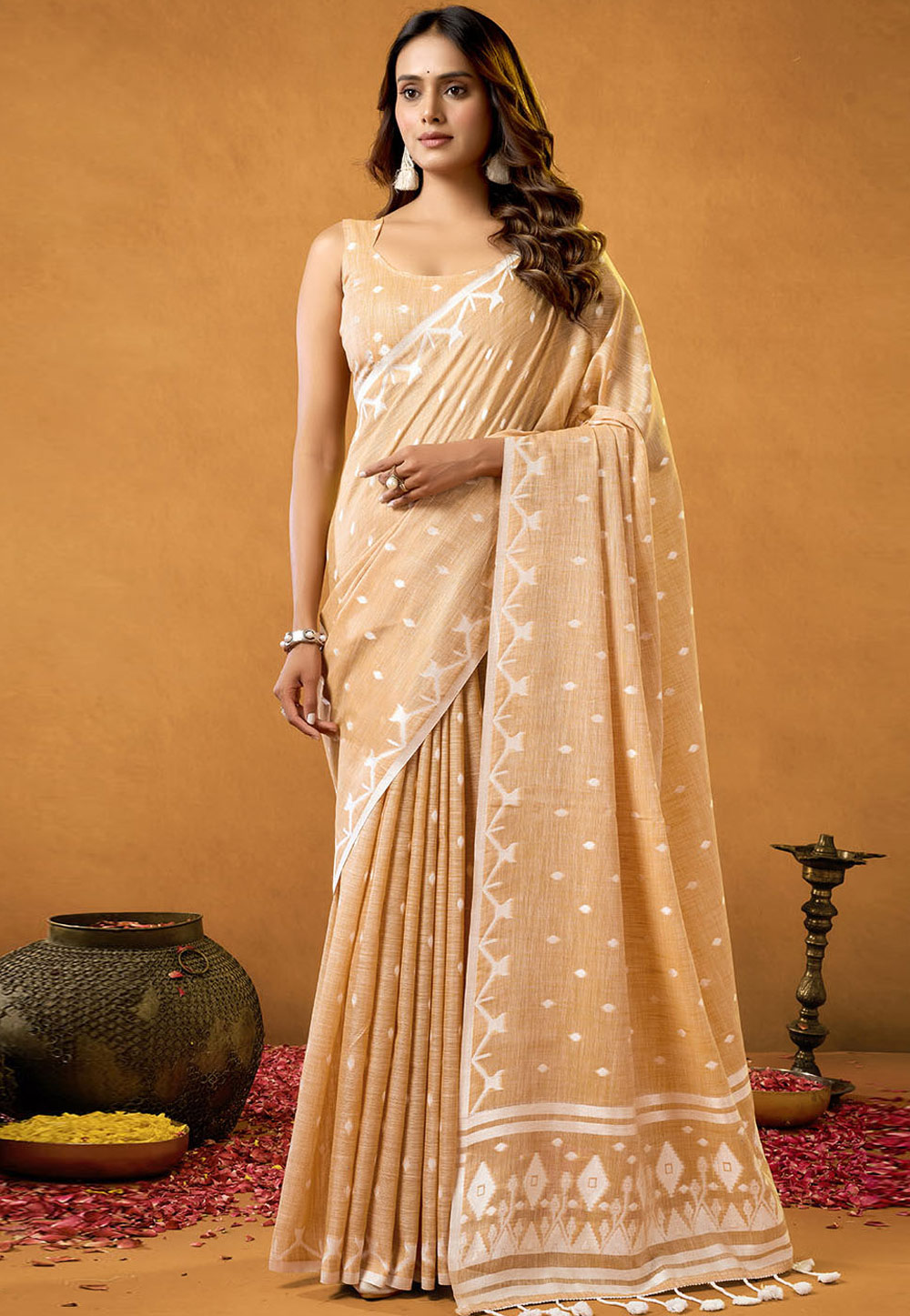 Peach Cotton Saree With Blouse 312522