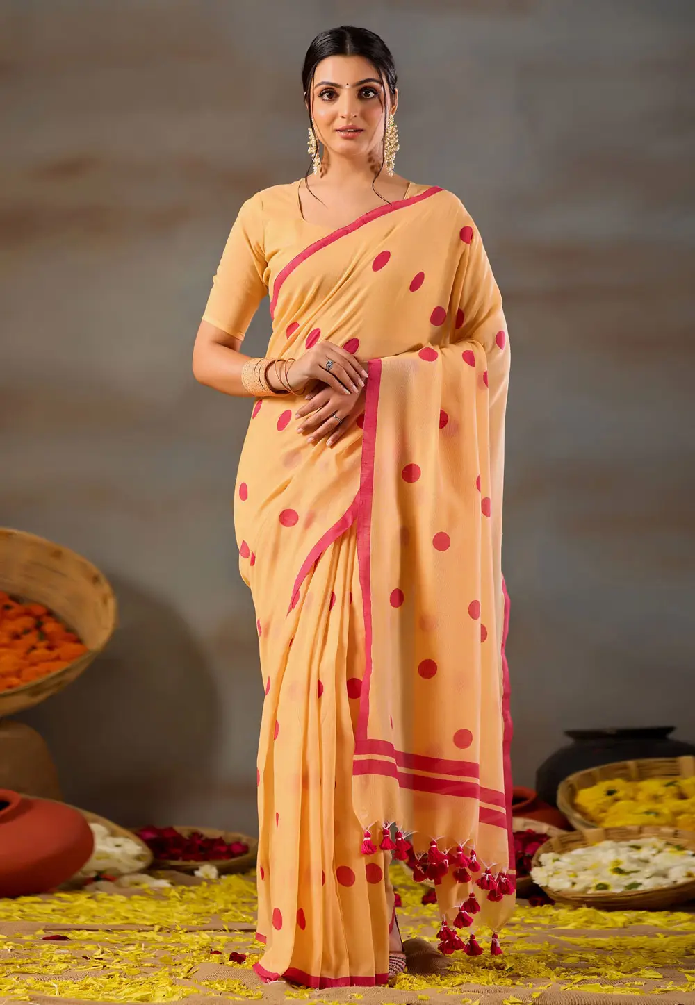 Peach Cotton Saree With Blouse 332681