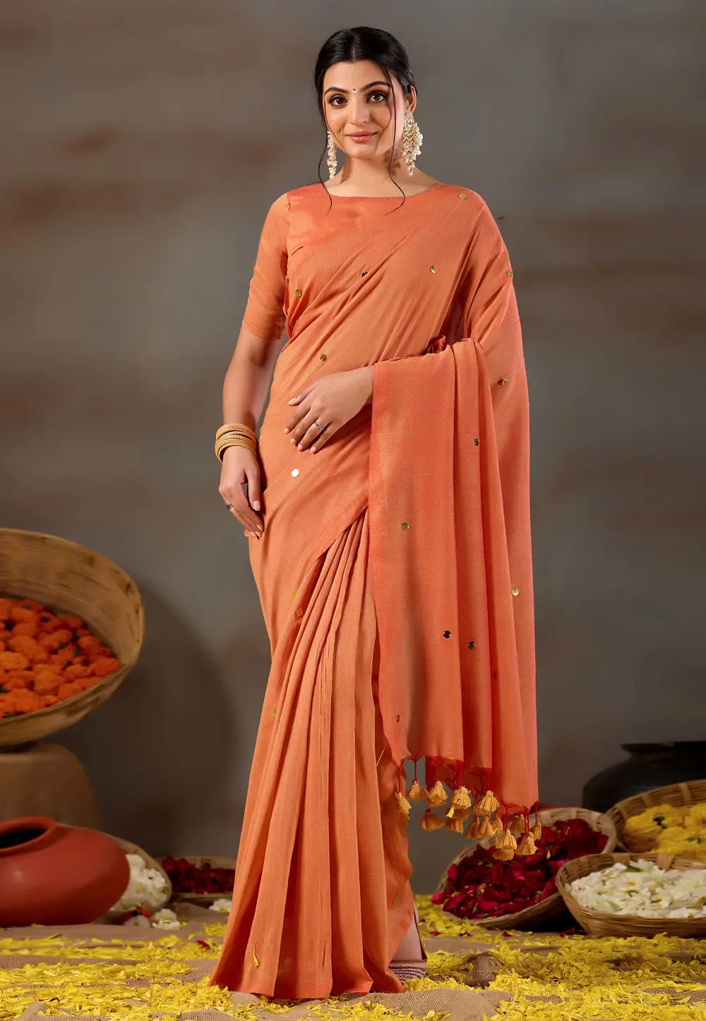 Peach Cotton Saree With Blouse 332687