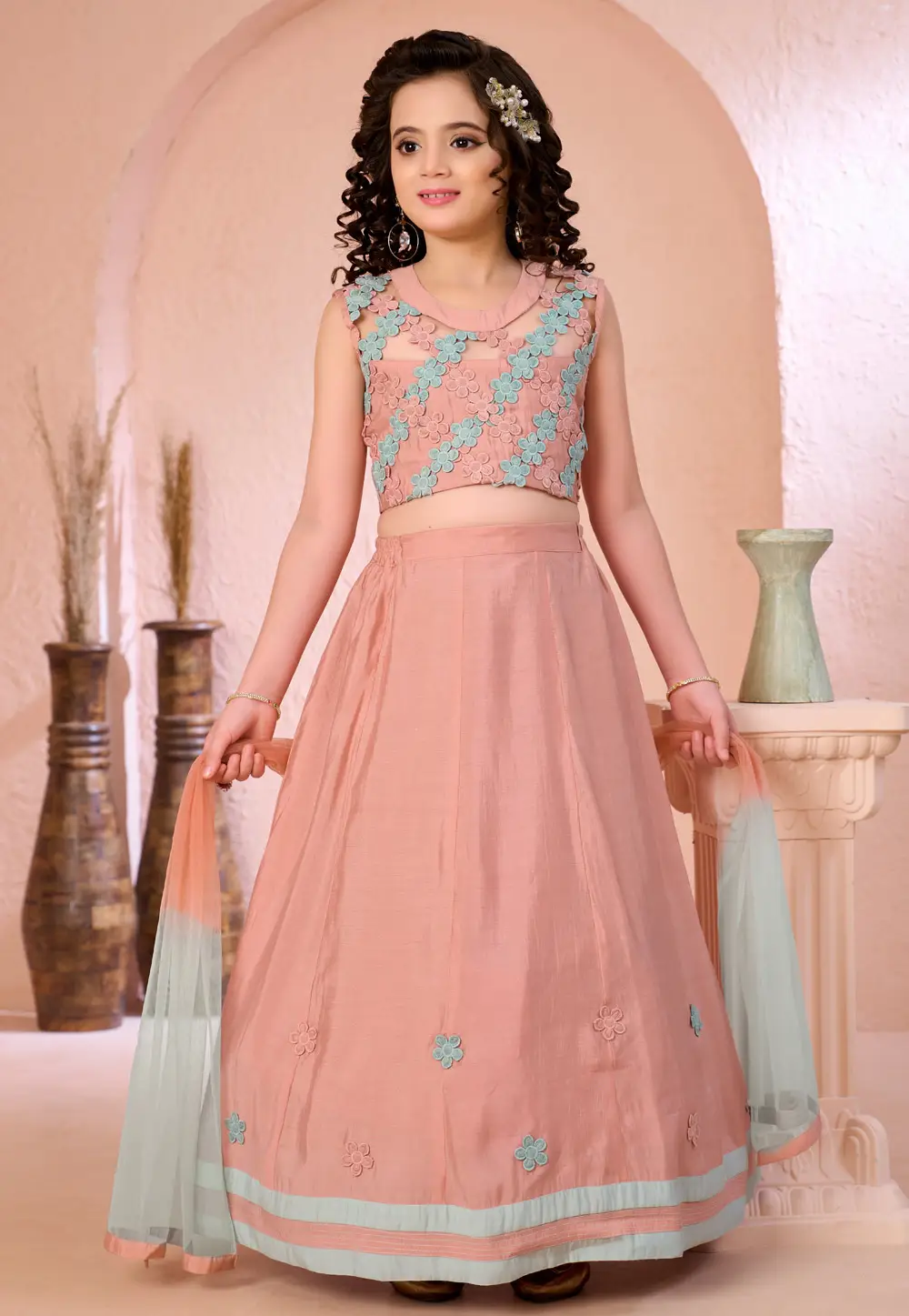 Peach Cotton Silk Kids Lehenga Choli 334329