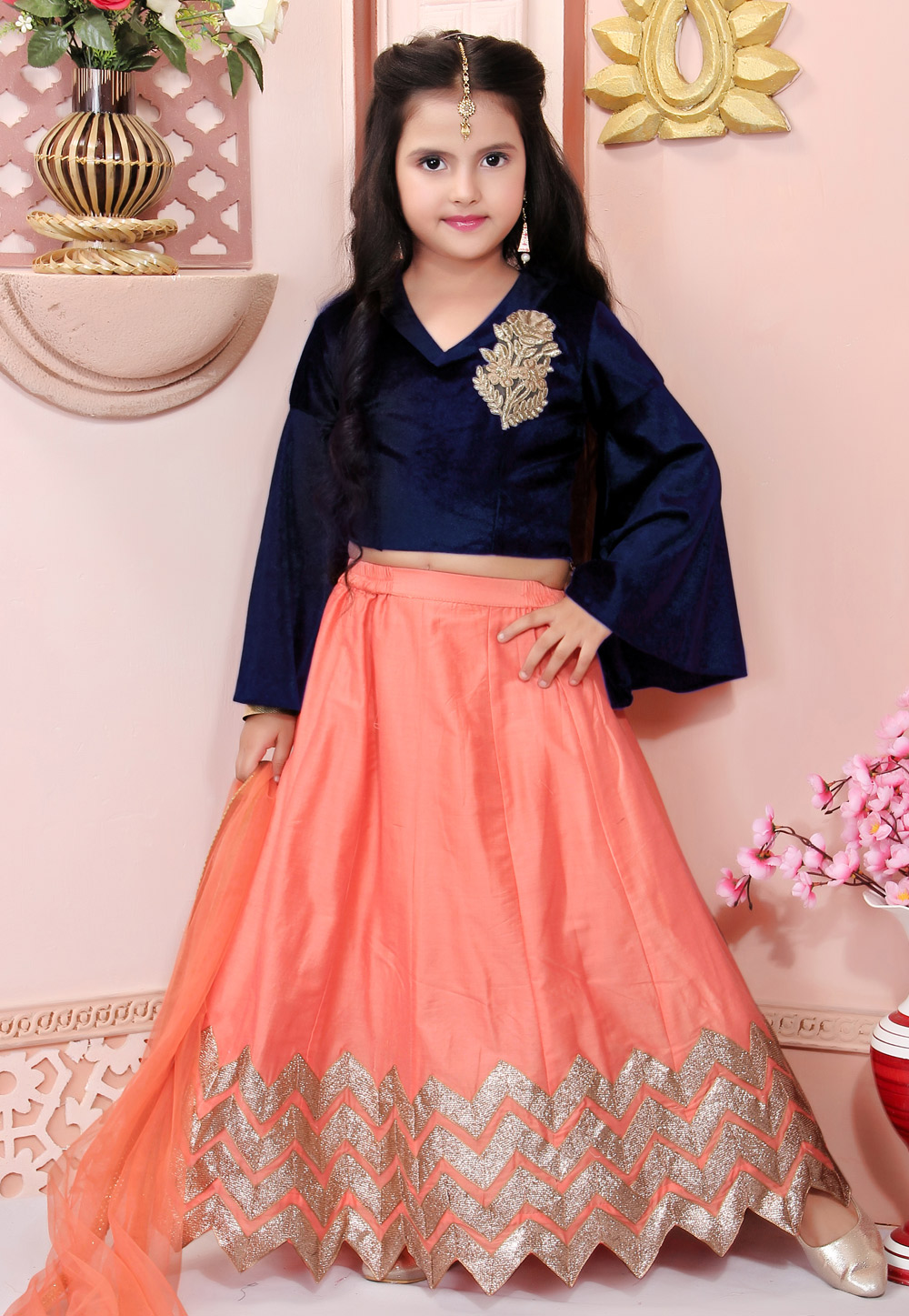 Peach Cotton Silk Kids Lehenga Choli 312259