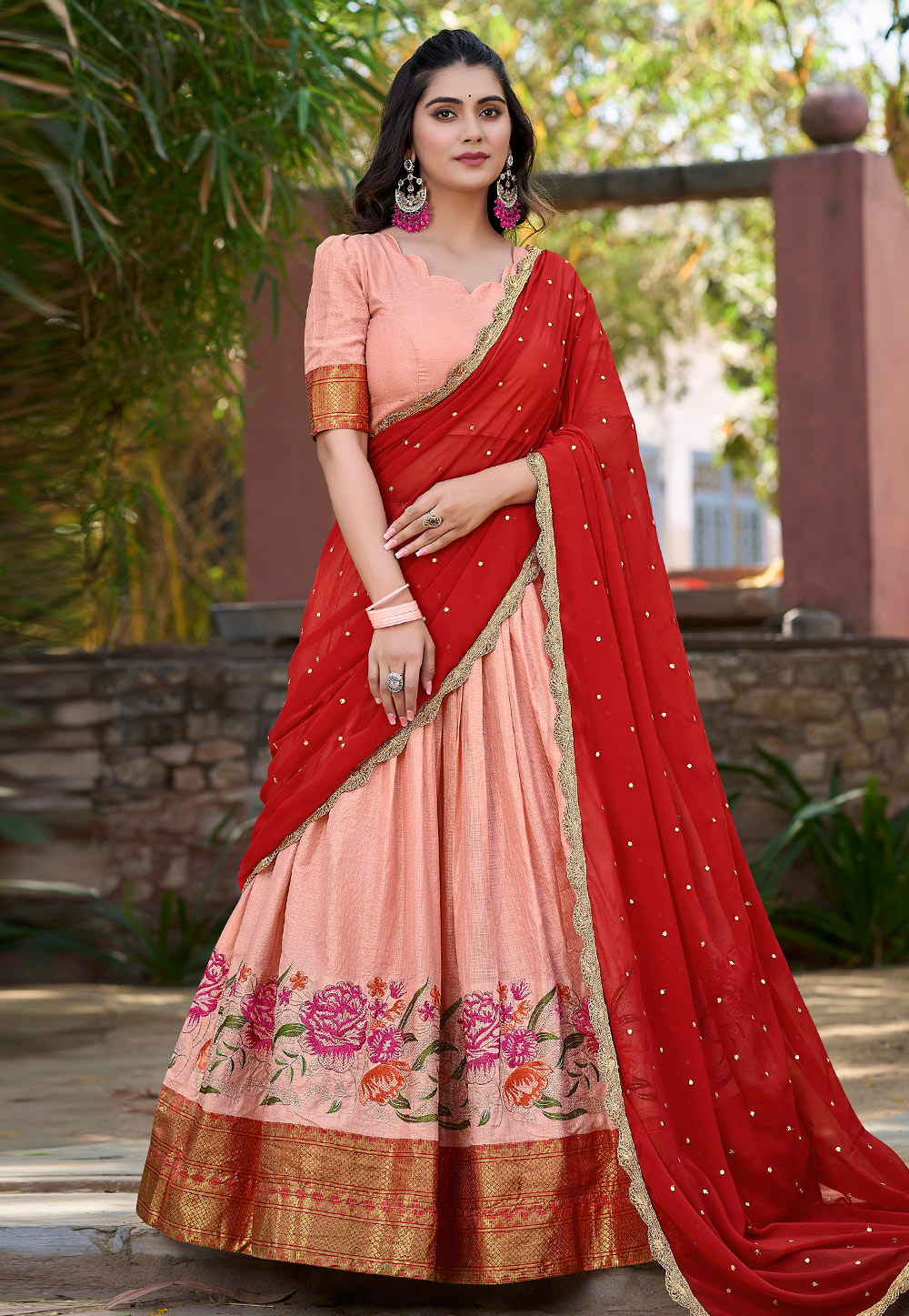 Peach Cotton Silk Lehenga choli 311657
