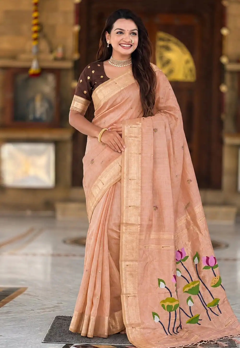 Peach Cotton Silk Saree With Blouse 330510