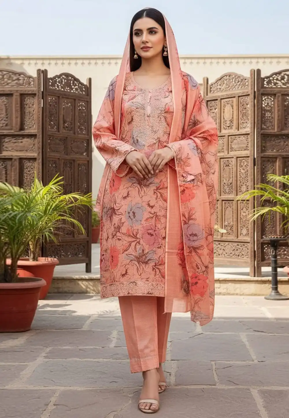 Peach Cotton Straight Suit 330610