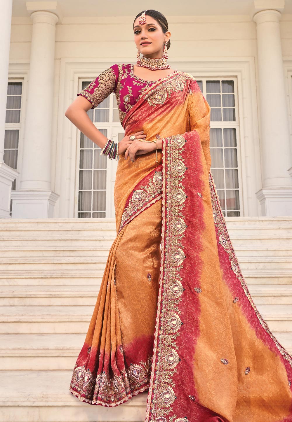Peach Crepe Jacquard Saree With Blouse 306560