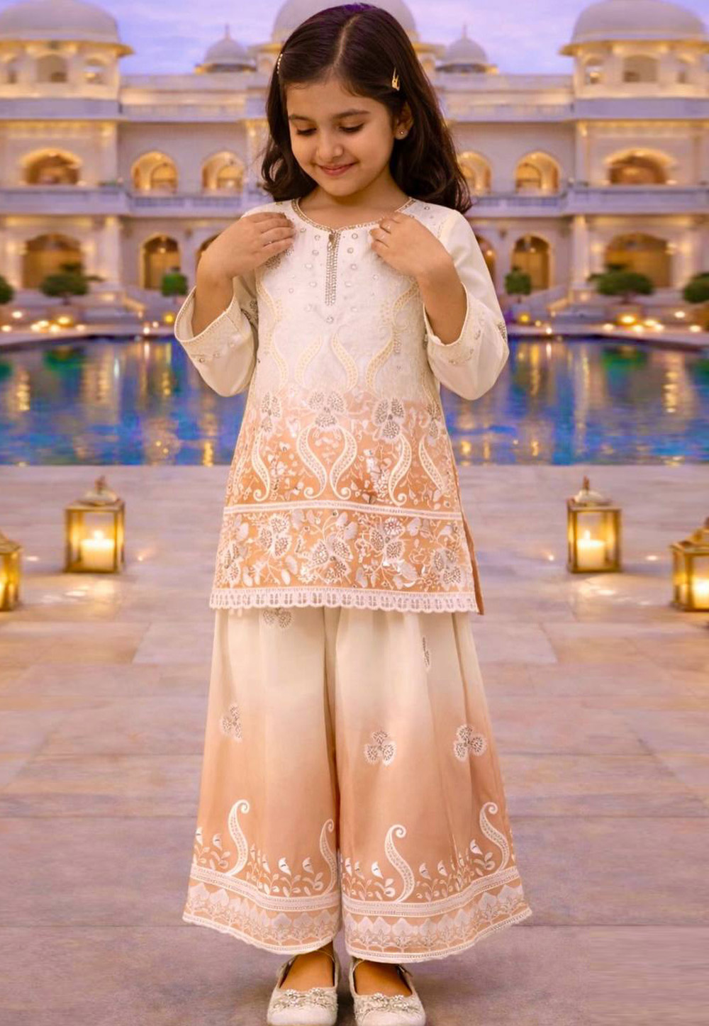 Peach Crepe Kids Palazzo Suit 329644