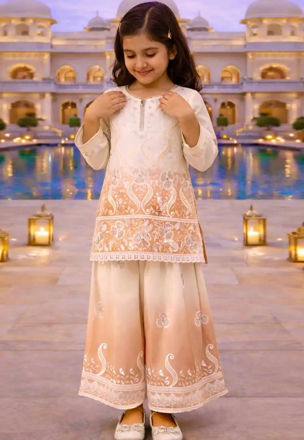 Peach Crepe Kids Palazzo Suit 329644