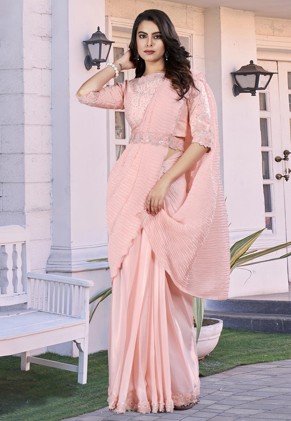 Peach Crepe Lehenga Saree 311310