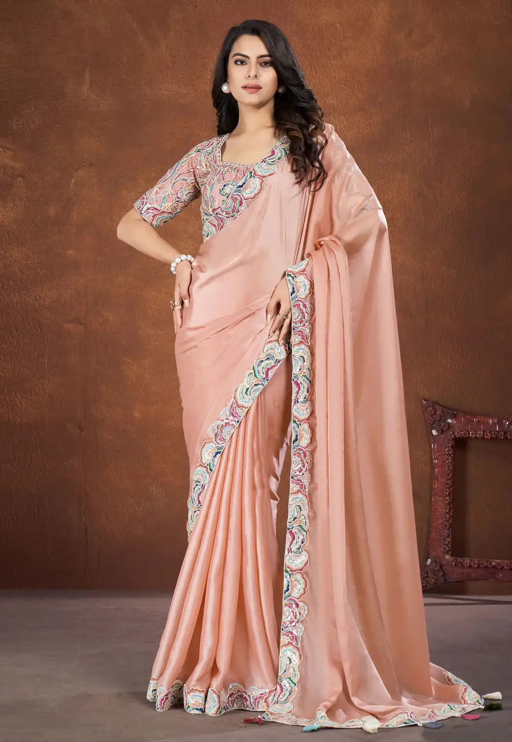 Peach Crepe Satin Saree With Blouse 285150