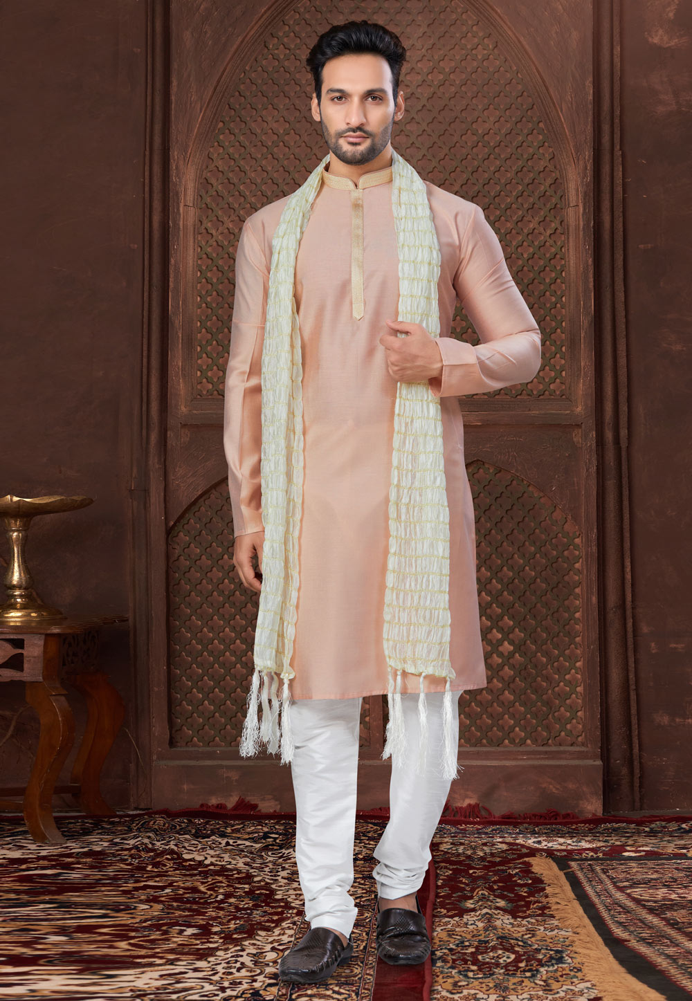 Peach Crepe Silk Kurta Pajama 307668
