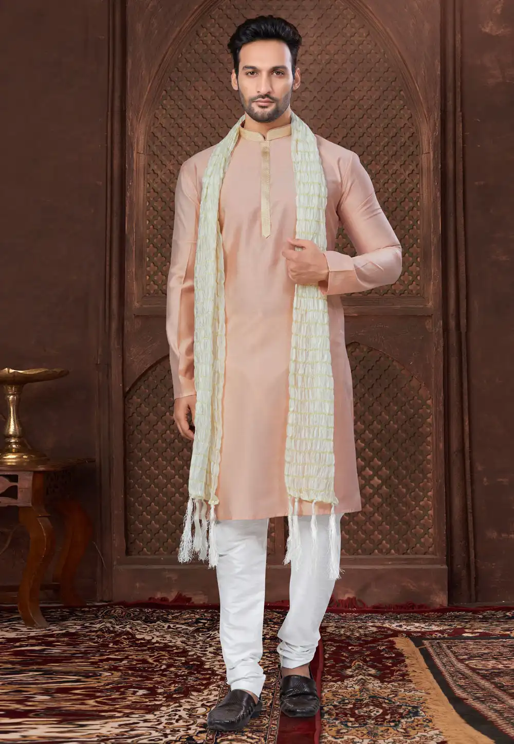 Peach Crepe Silk Kurta Pajama 307668