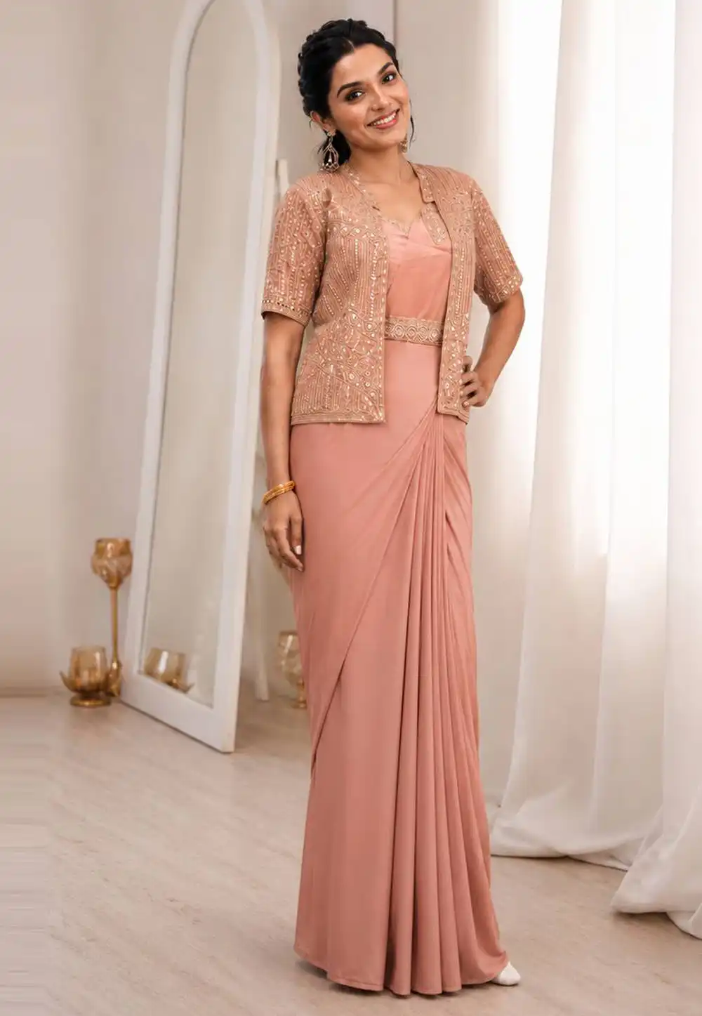 Peach Crepe Silk Saree With Blouse 328993