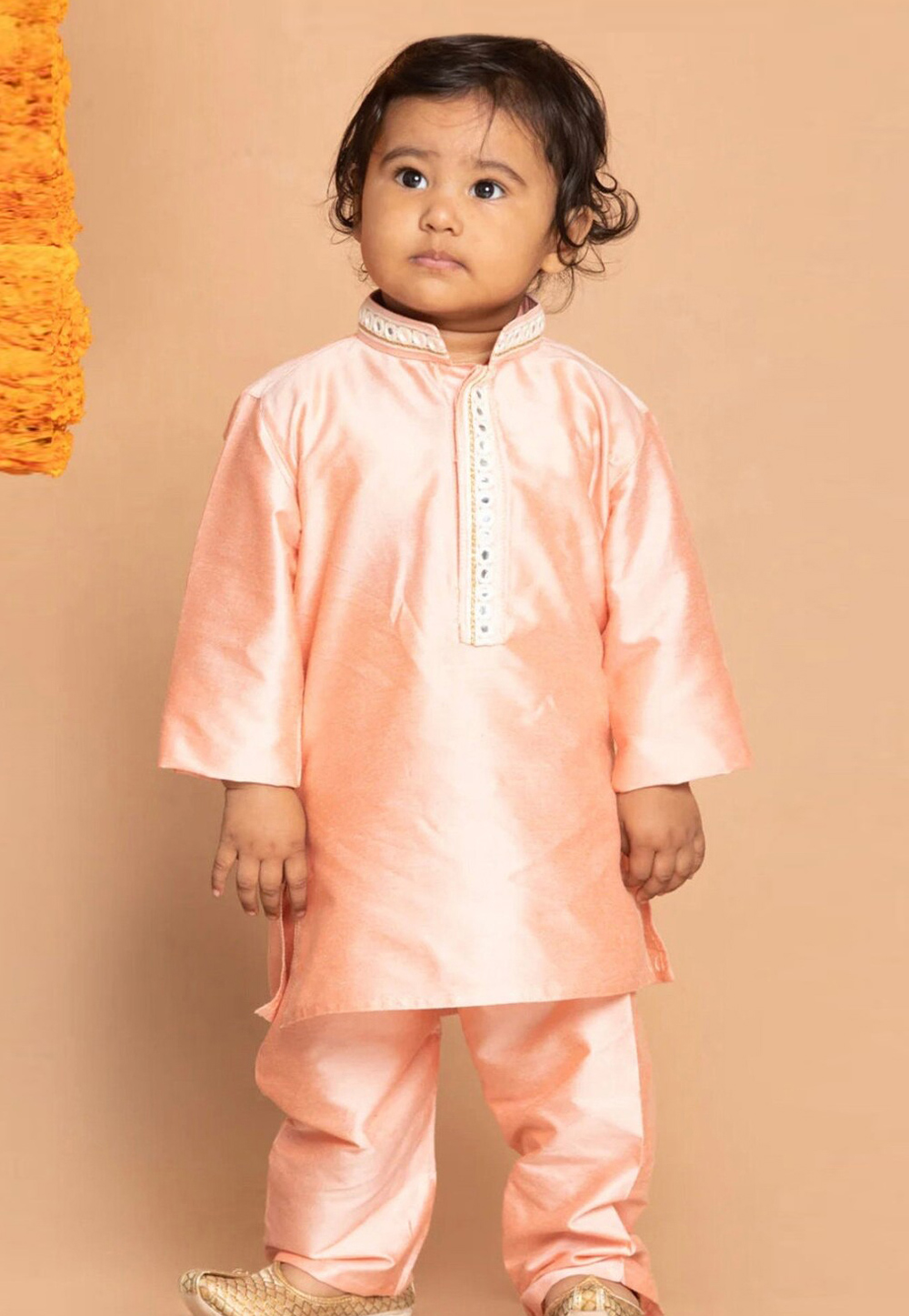 Peach Dupion Silk Kids Kurta Pajama 312084