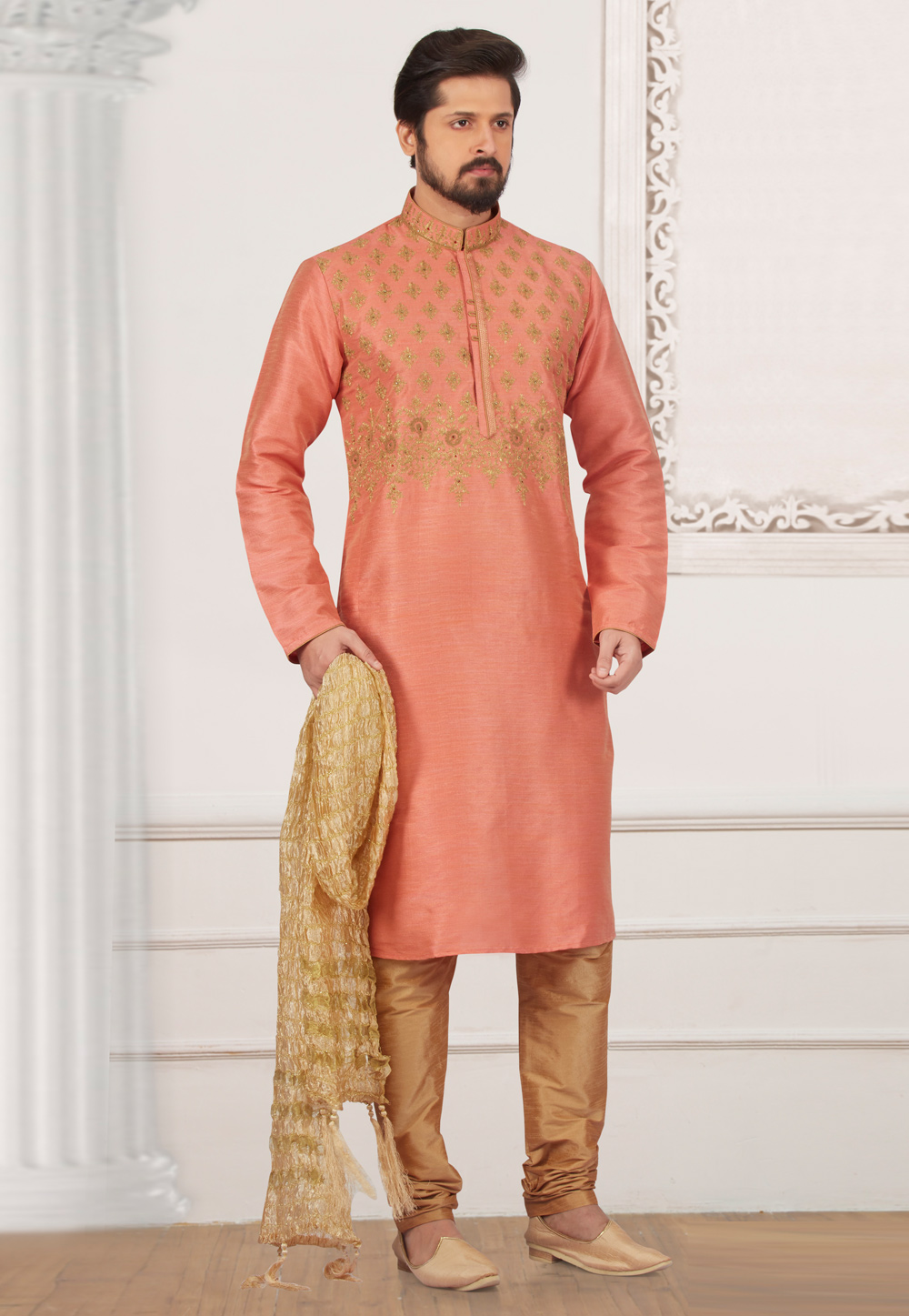 Peach Dupion Silk Kurta Pajama 279448