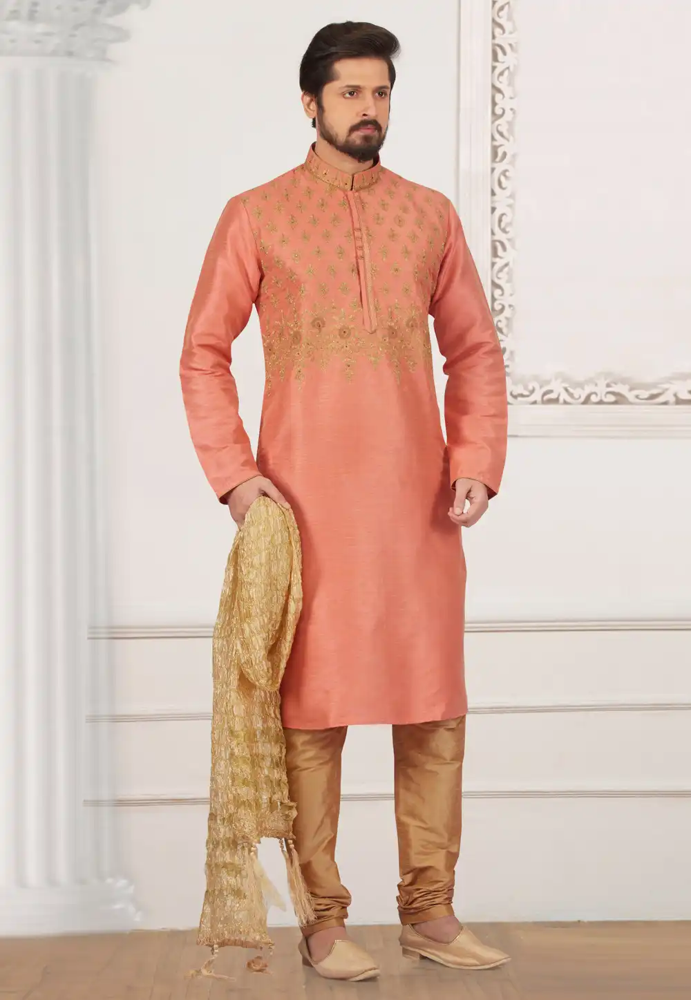 Peach Dupion Silk Kurta Pajama 279448