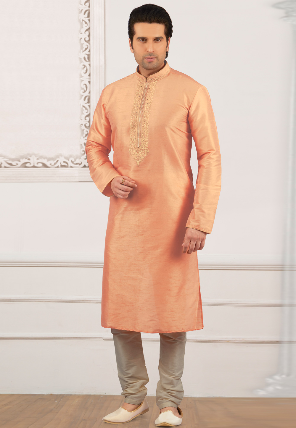 Peach Dupion Silk Kurta Pajama 279700