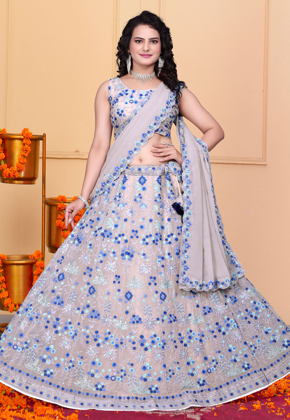 Peach Faux Georgette A Line Lehenga Choli 308319