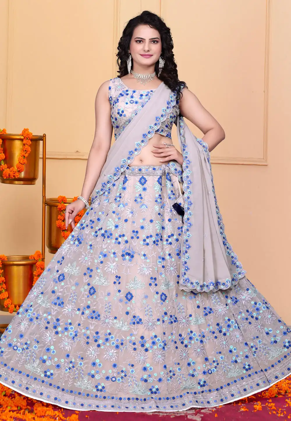 Peach Faux Georgette A Line Lehenga Choli 308319