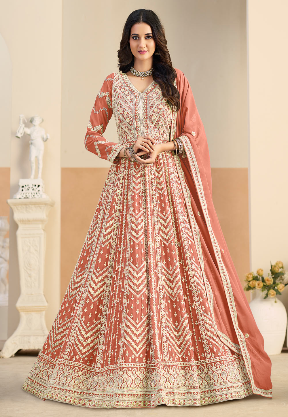 Peach Faux Georgette Embroidered Long Anarkali Suit 325092