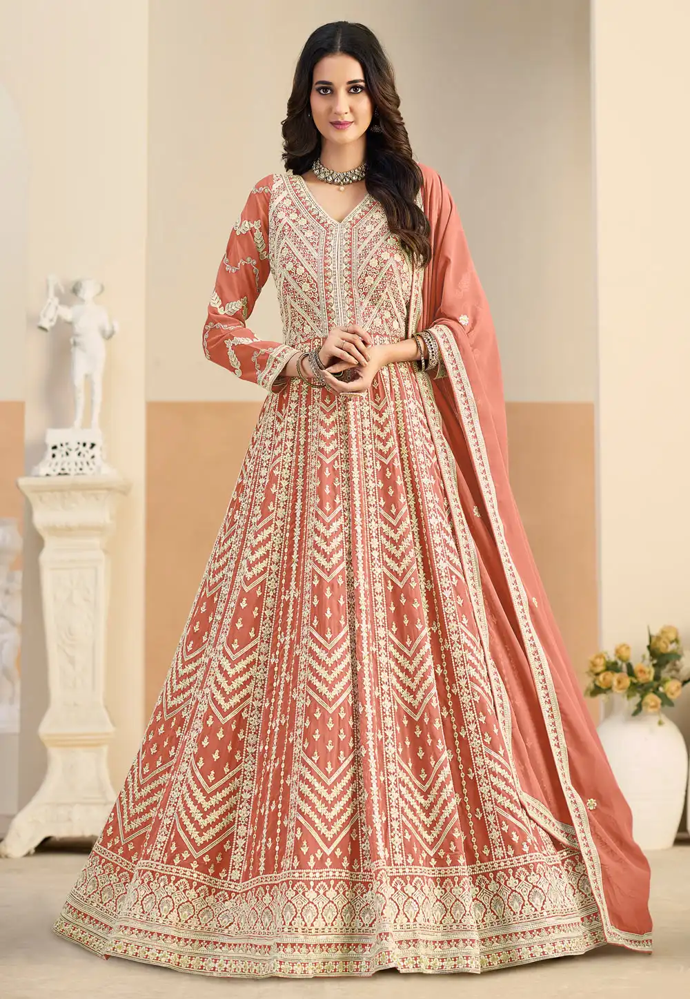 Peach Faux Georgette Embroidered Long Anarkali Suit 325092