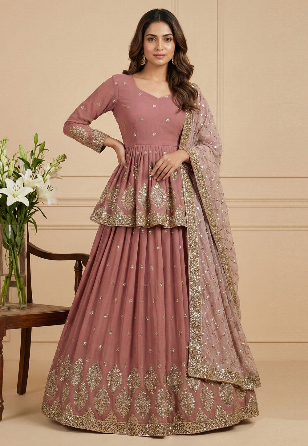 Peach Faux Georgette Indo Western Lehenga Choli 324153