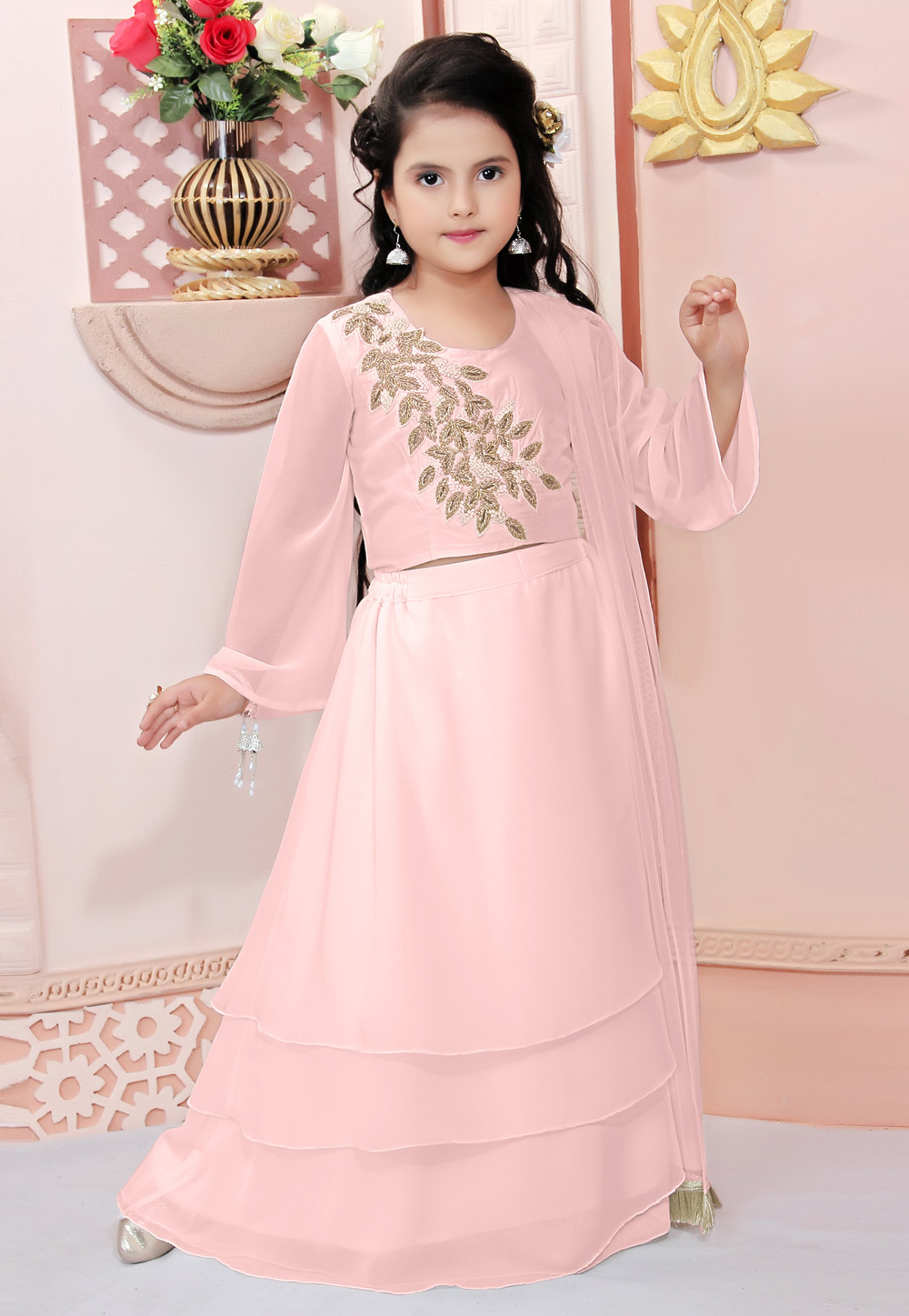 Peach Faux Georgette Kids Lehenga Choli 312253