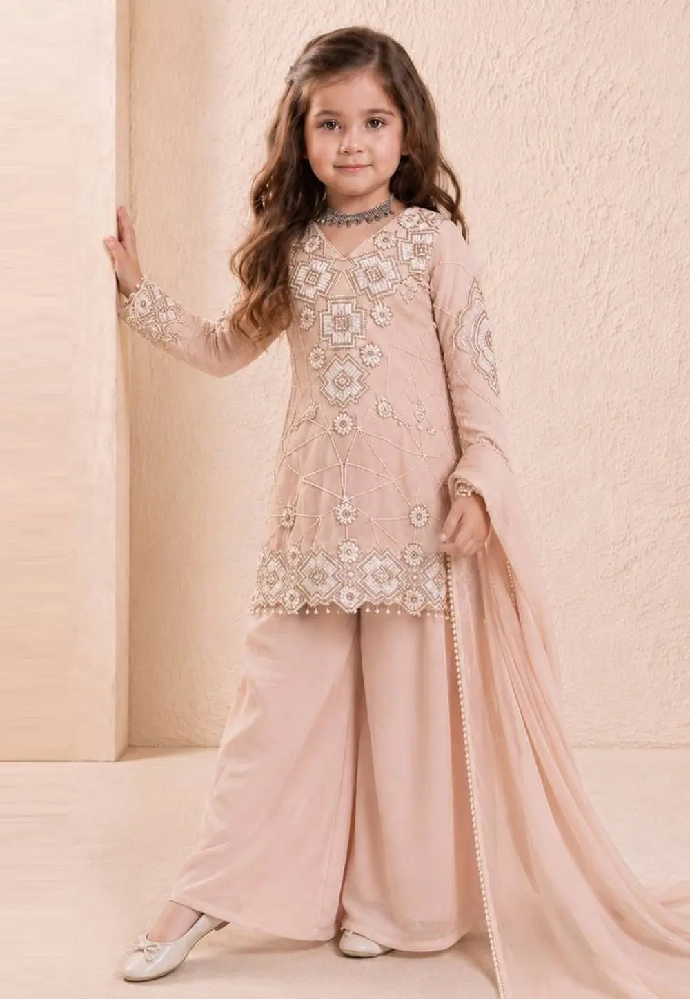 Peach Faux Georgette Kids Palazzo Suit 331793