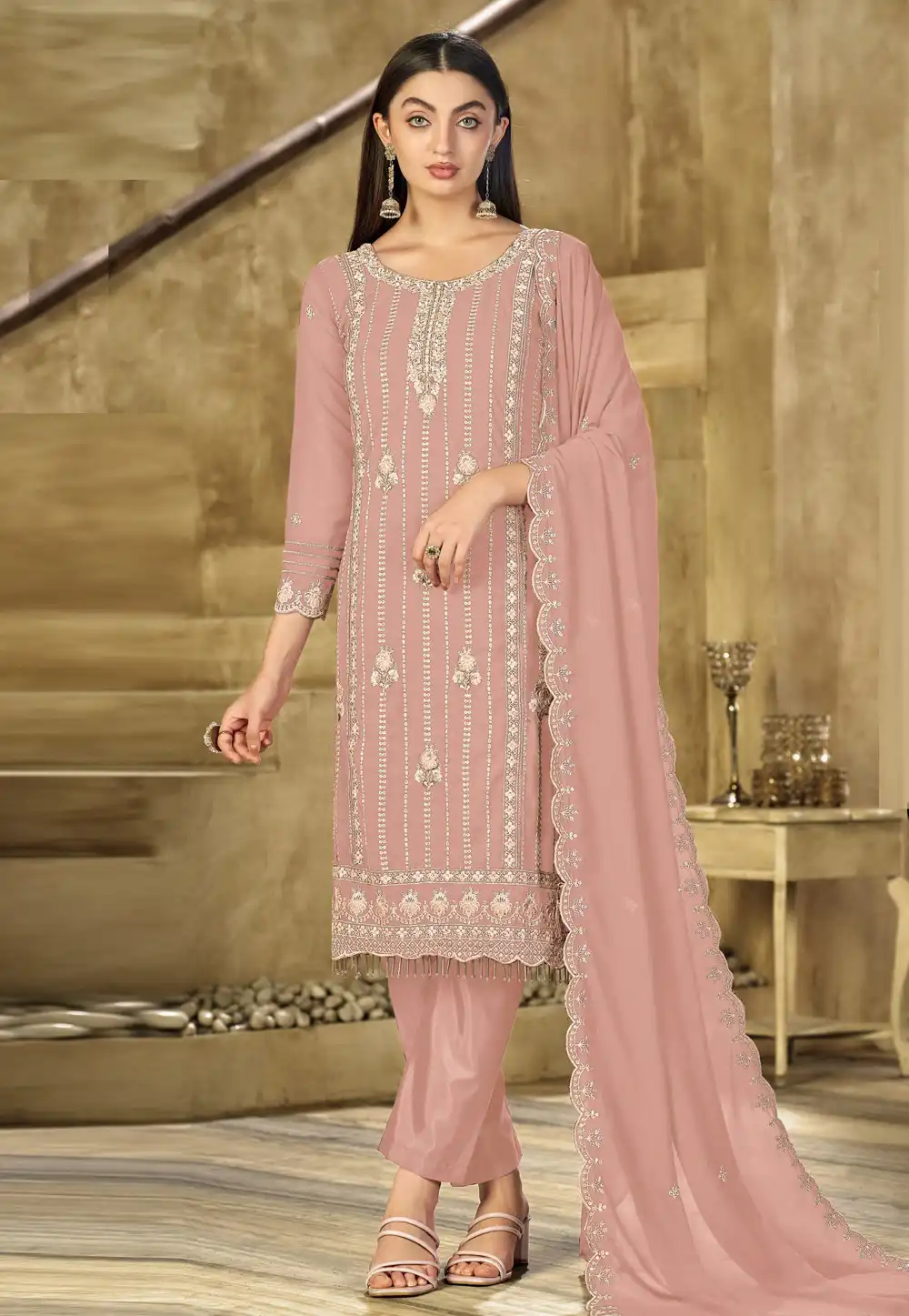 Peach Faux Georgette Pant Style Suit 316836