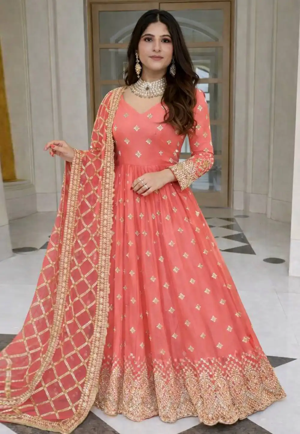 Peach Faux Georgette Readymade Anarkali Suit 324212