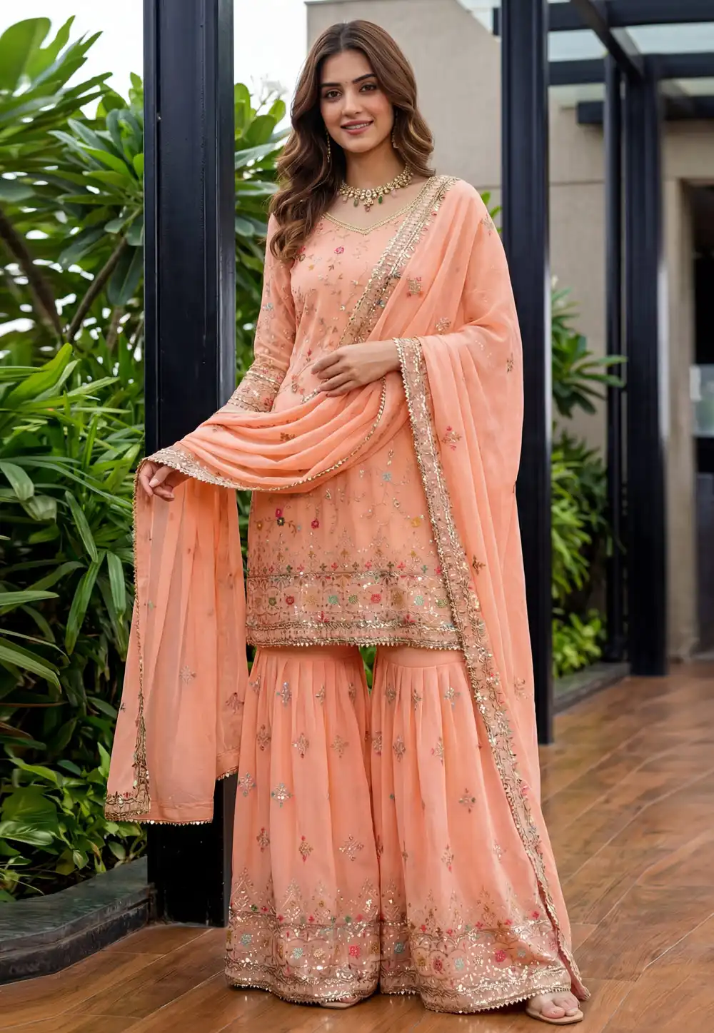 Peach Faux Georgette Readymade Gharara Suit 323477