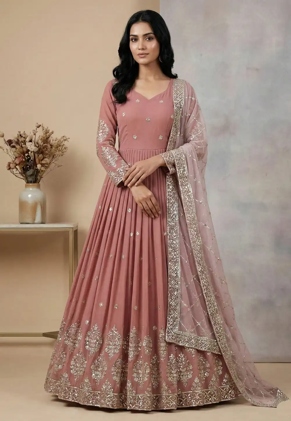 Peach Faux Georgette Readymade Long Anarkali Suit 324003
