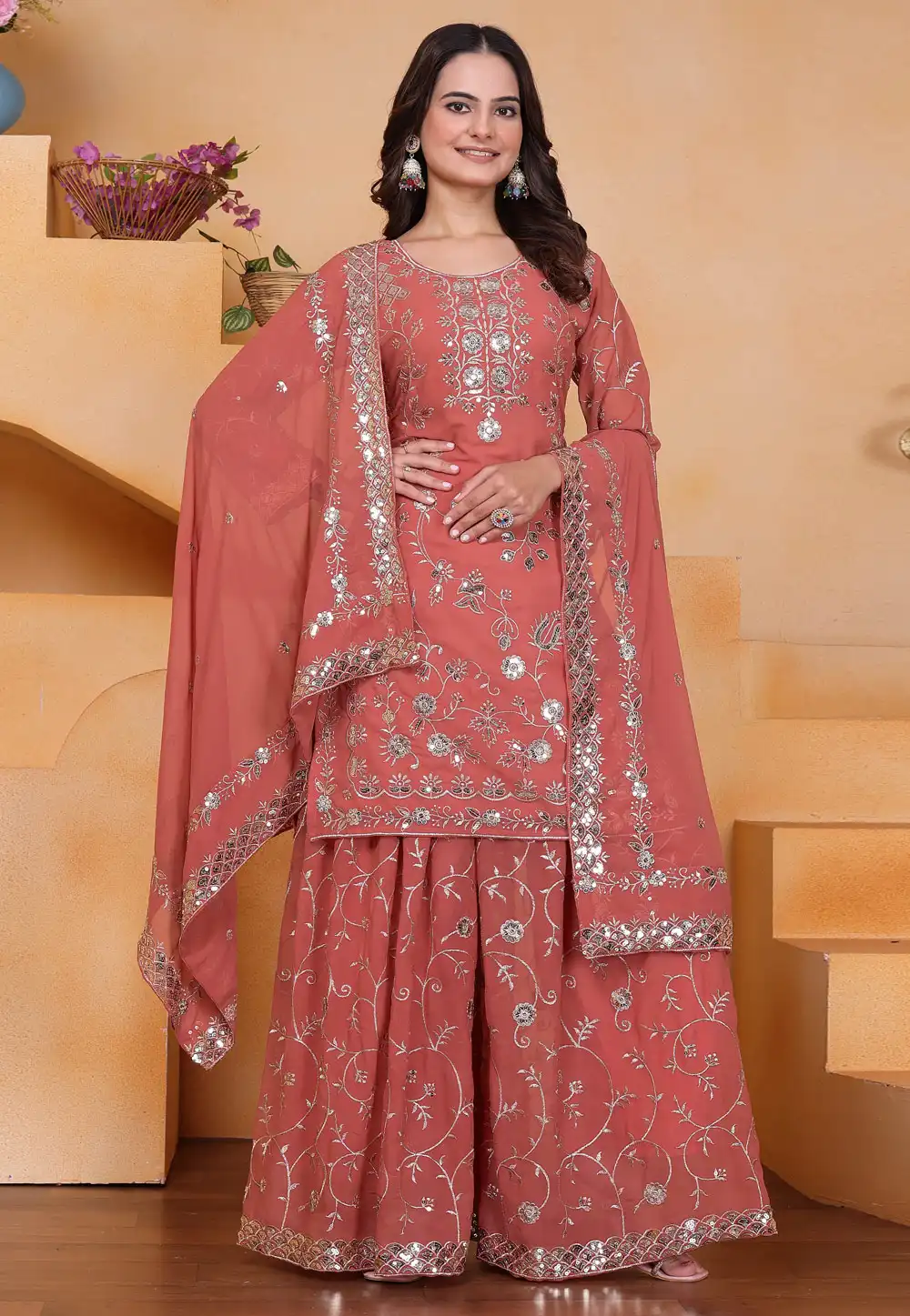 Peach Faux Georgette Readymade Pakistani Suit 317549