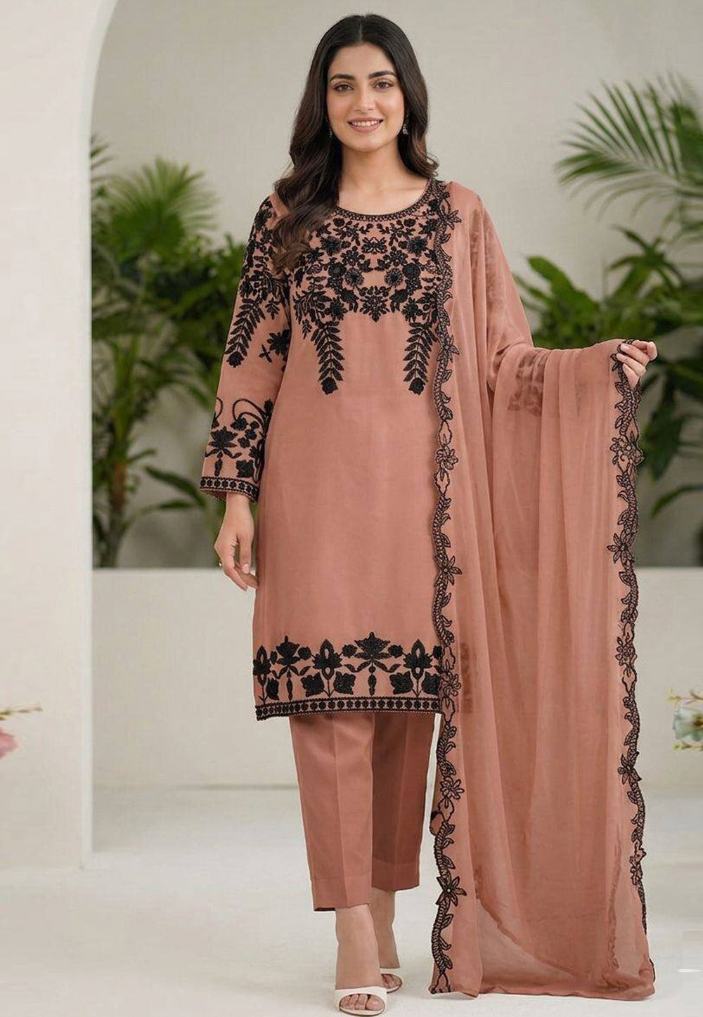 Peach Faux Georgette Readymade Pakistani Suit 329818