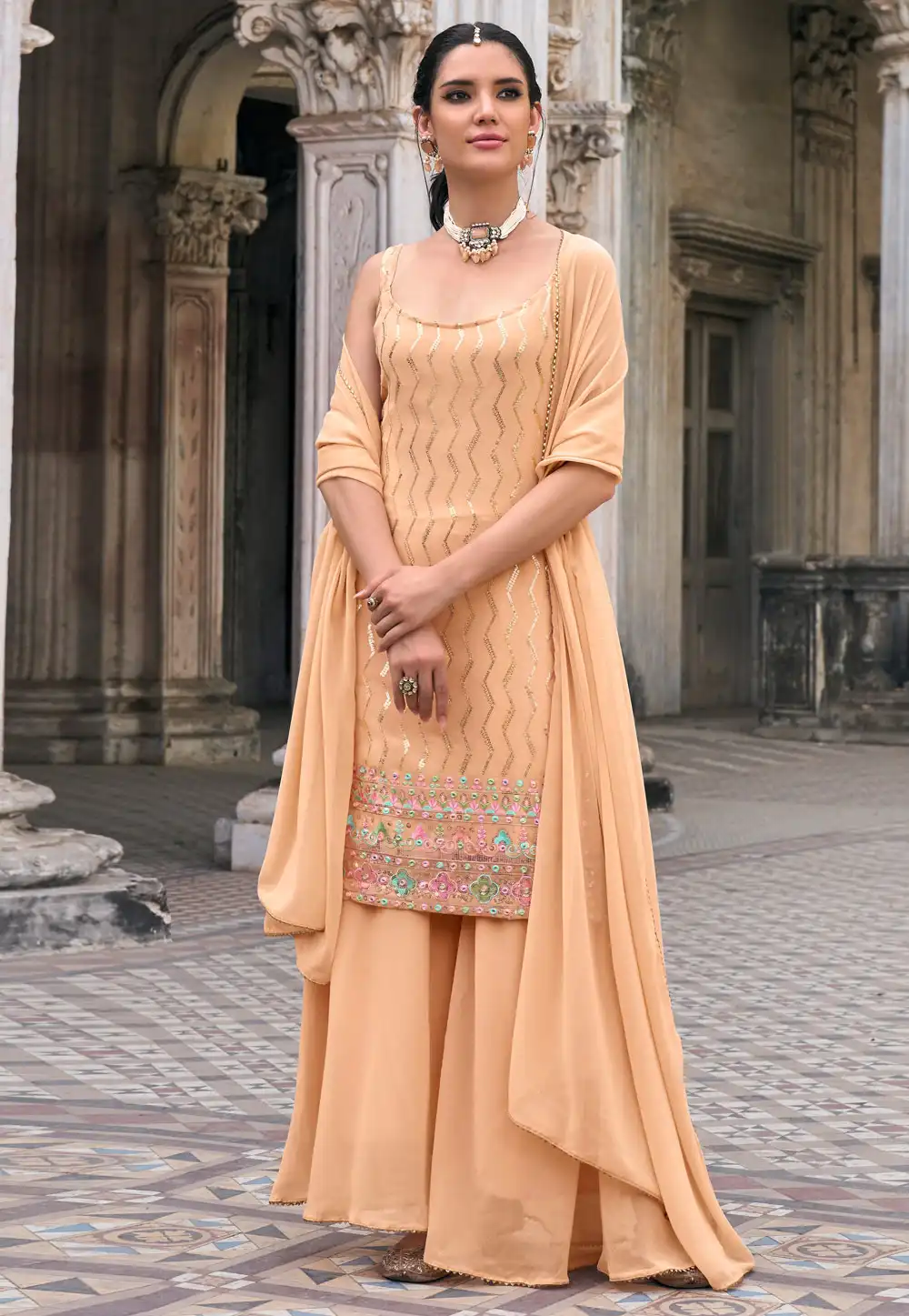 Peach Faux Georgette Sharara Suit 290074