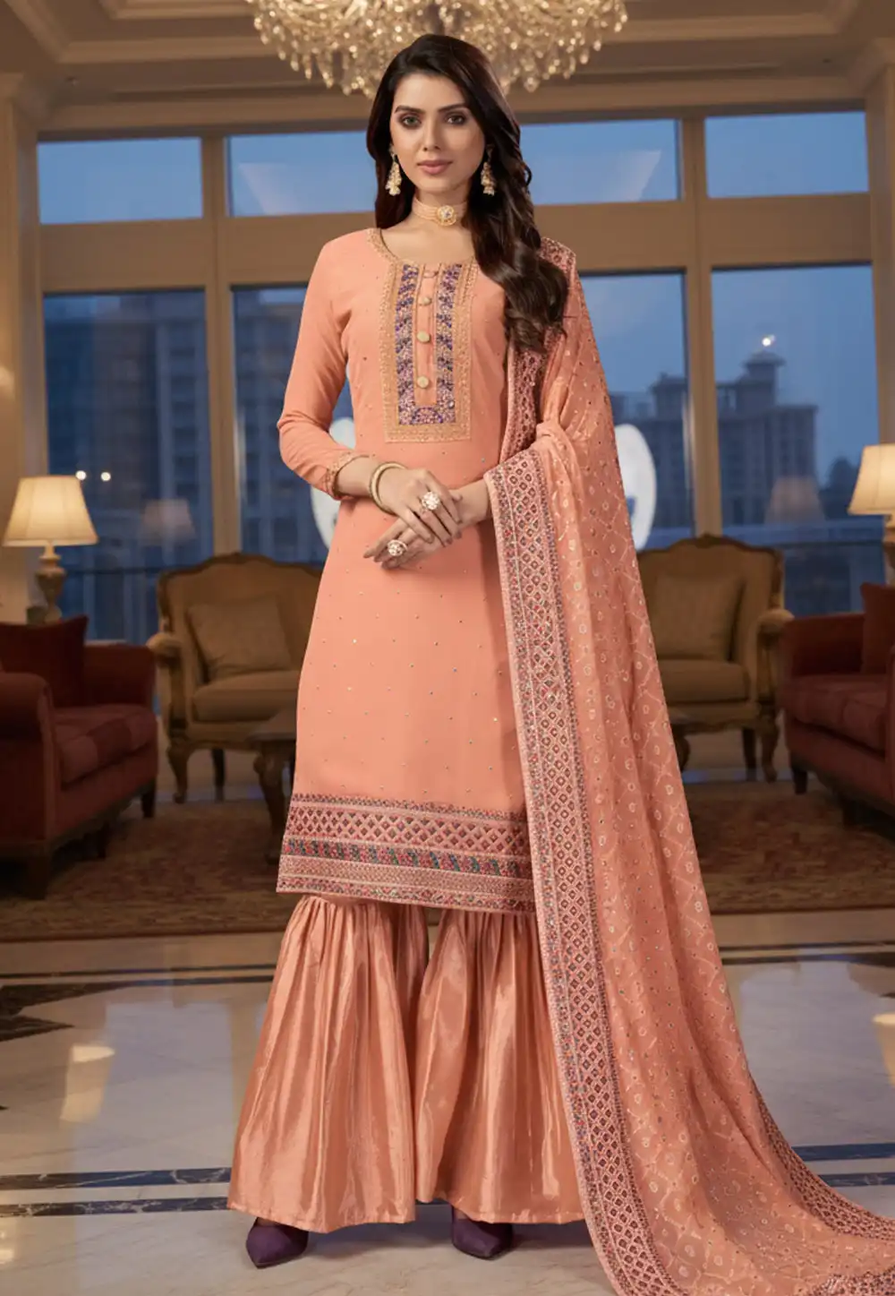 Peach Faux Georgette Sharara Suit 328268