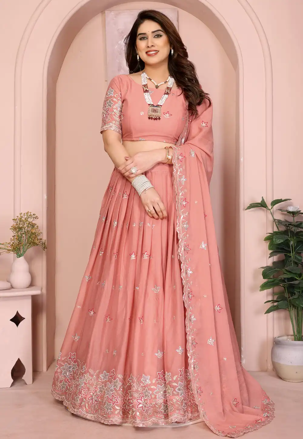 Peach Georgette Circular Lehenga Choli 314912