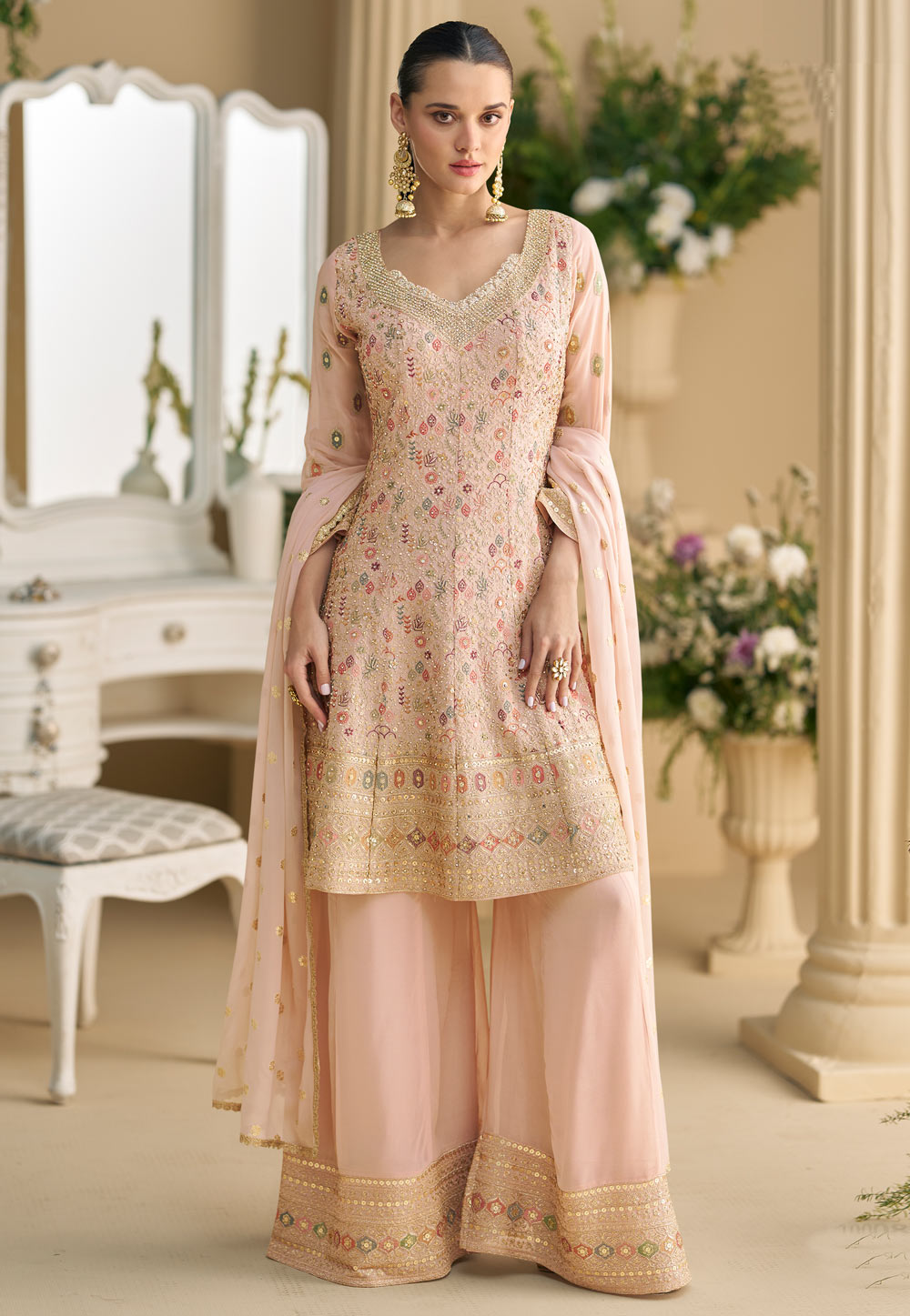 Peach Georgette Embroidered Pakistani Suit 307341