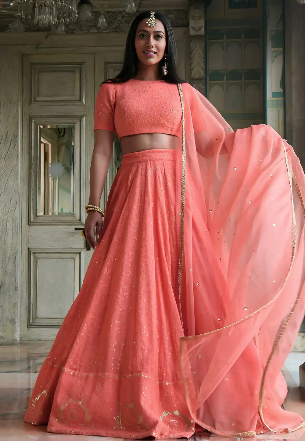 Peach Georgette Lehenga Choli 328549