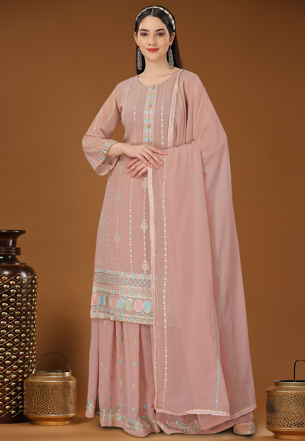 Peach Georgette Palazzo Suit 307906