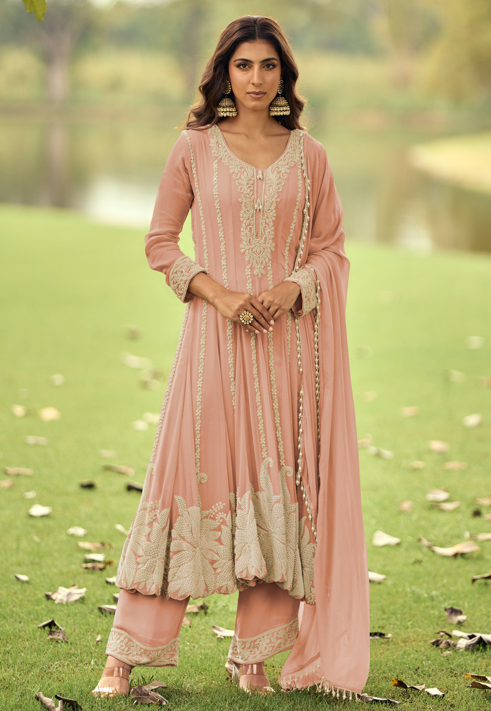 Peach Georgette Pant Style Suit 320441