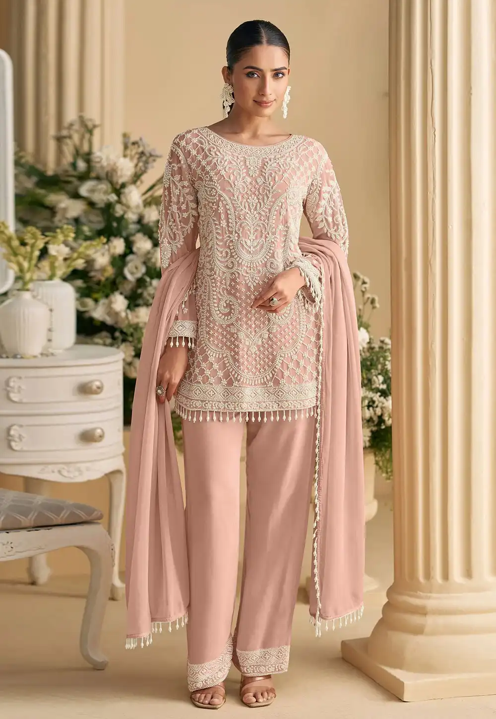 Peach Georgette Pant Style Suit 320055