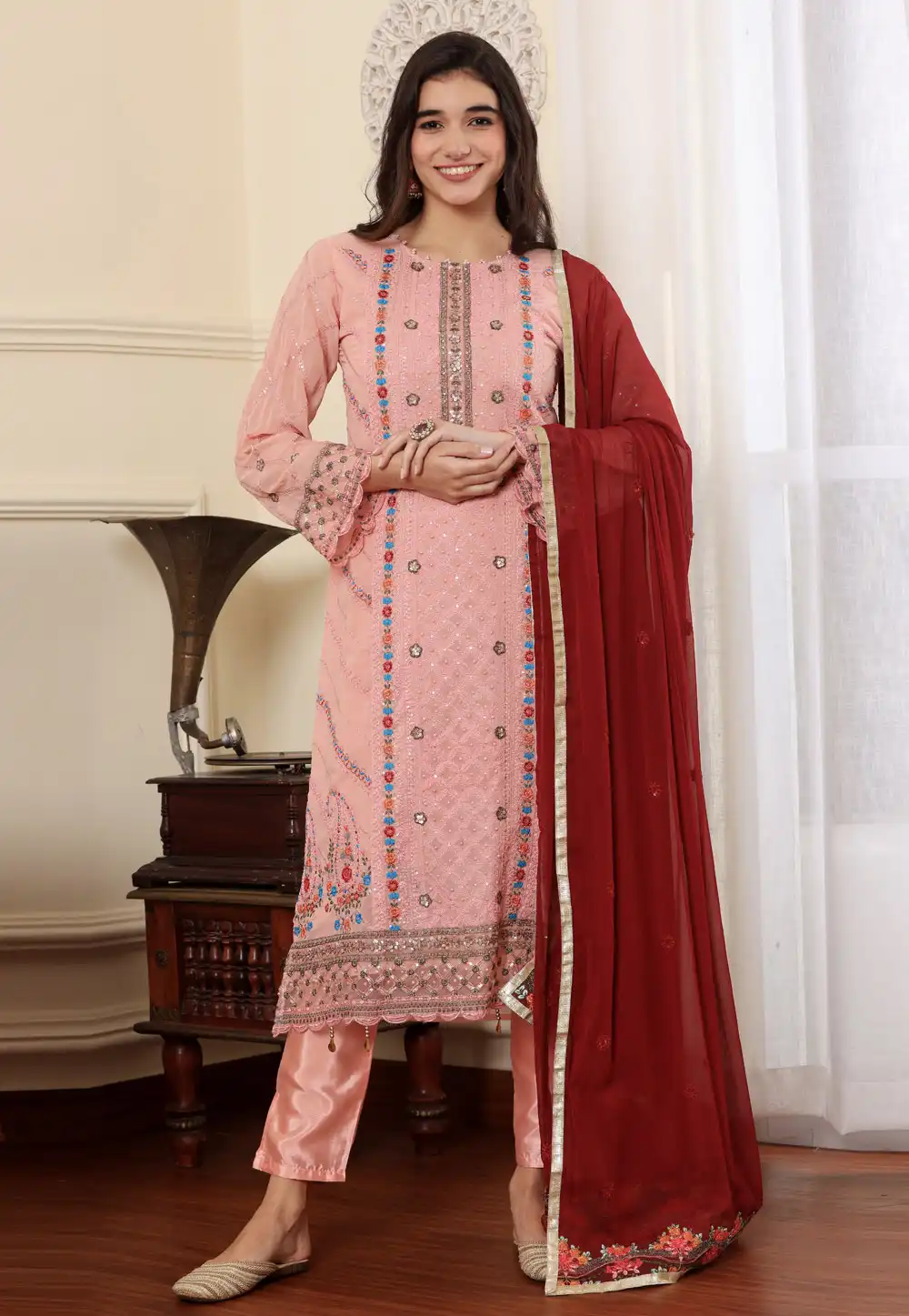 Peach Georgette Pant Style Suit 284396